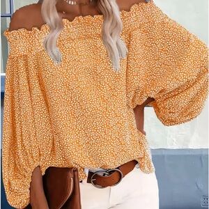 Polka Dot Tangerine Off The Shoulder Blouse